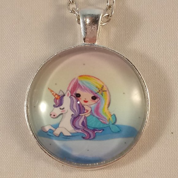 Silver Mystical Rainbow Unicorn Mermaid Cabochon Pendant Chain Necklace Gift - Picture 1 of 3